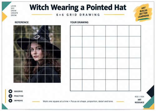 Witch Wearing a Pointed Hat Grid Drawing | Halloween Art Worksheet | KS3 KS4