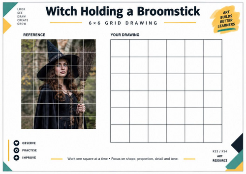 Witch Holding a Broomstick Grid Drawing | Halloween Drawing Worksheet | KS3 KS4