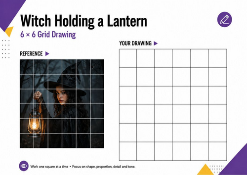Witch Holding a Lantern Grid Drawing | Halloween Art Activity | KS3 KS4