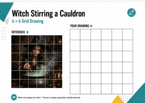 Witch Stirring a Cauldron Grid Drawing | Halloween Art Worksheet | KS3 KS4