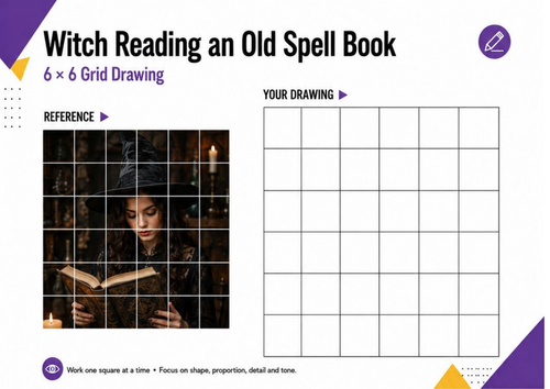 Witch Reading a Spell Book Grid Drawing | Halloween Art Worksheet | KS3 KS4
