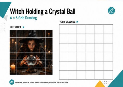 Witch Holding a Crystal Ball Grid Drawing | Halloween Art Activity | KS3 KS4