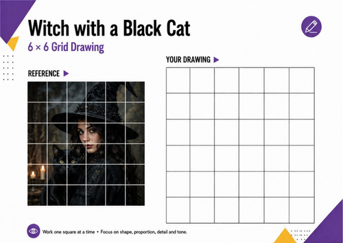 Witch and Black Cat Grid Drawing | Halloween Art Worksheet | KS3 KS4