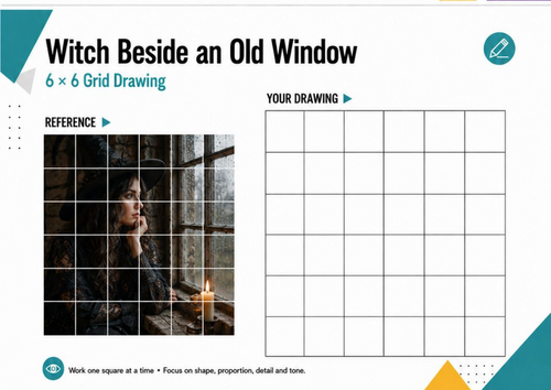 Witch Beside an Old Window Grid Drawing | Gothic Halloween Art | KS3 KS4