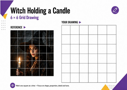Witch Holding a Candle Grid Drawing | Halloween Art Worksheet | KS3 KS4