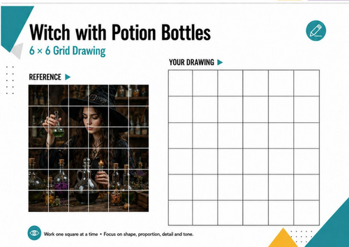 Witch with Potion Bottles Grid Drawing | Halloween Art Worksheet | KS3 KS4