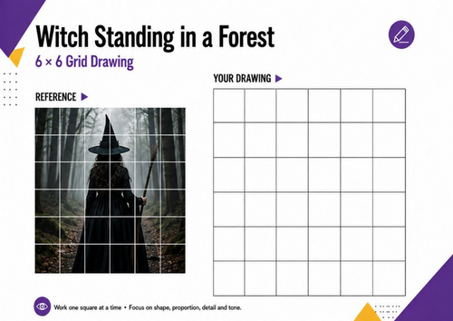Witch in a Forest Grid Drawing | Halloween Art Worksheet | KS3 KS4