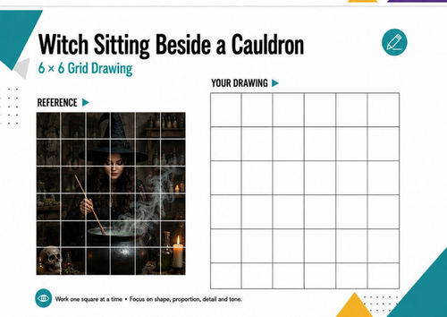 Witch Beside a Cauldron Grid Drawing | Halloween Art Activity | KS3 KS4