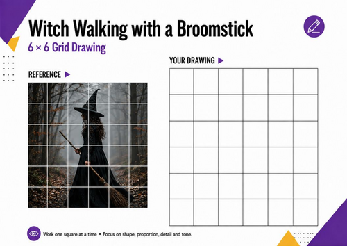 Witch Walking with a Broomstick Grid Drawing | Halloween Art | KS3 KS4