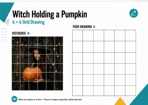 Witch Holding a Pumpkin Grid Drawing | Halloween Art Worksheet | KS3 KS4