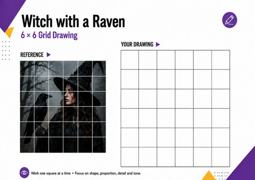 Witch and Raven Grid Drawing | Gothic Halloween Art Worksheet | KS3 KS4