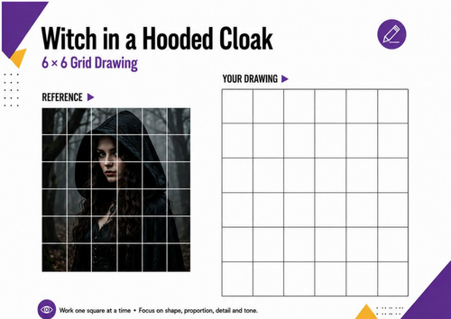 Witch in a Hooded Cloak Grid Drawing | Gothic Halloween Art | KS3 KS4