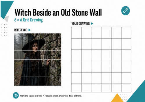 Witch by an Old Stone Wall Grid Drawing | Halloween Art Worksheet | KS3 KS4