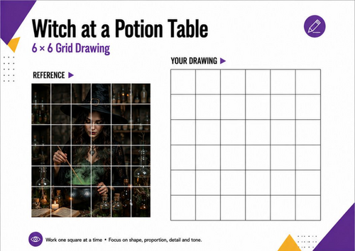 Witch at a Potion Table Grid Drawing | Halloween Art Worksheet | KS3 KS4