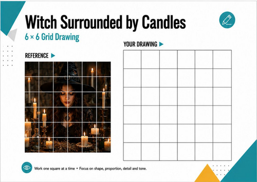 Witch Surrounded by Candles Grid Drawing | Halloween Art Worksheet | KS3 KS4