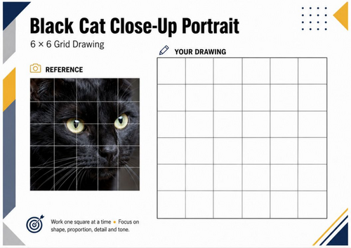 Black Cat Close-Up Portrait Grid Drawing Worksheet | KS3 & KS4 Art