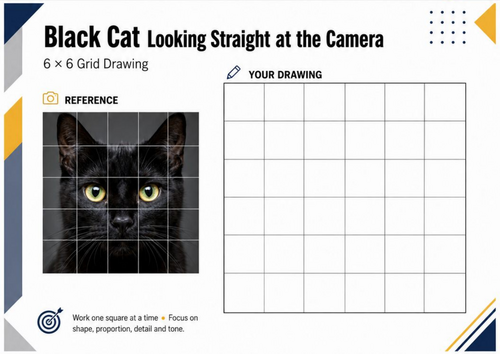 Black Cat Looking at the Camera Grid Drawing Worksheet | KS3 Art