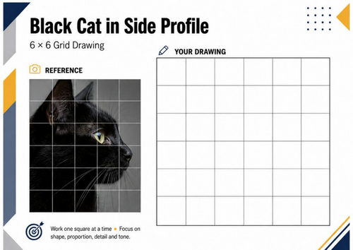Black Cat Side Profile Grid Drawing Worksheet | KS3 & KS4 Art