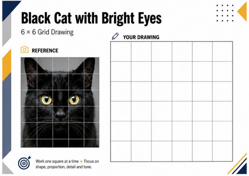 Black Cat with Bright Eyes Grid Drawing Worksheet | Animal Art Activity