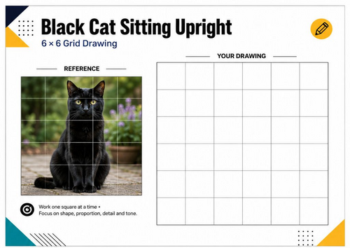 Black Cat Sitting Upright Grid Drawing Worksheet | KS3 Drawing Activity
