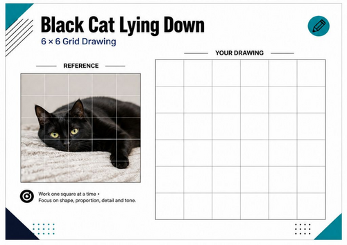 Black Cat Lying Down Grid Drawing Worksheet | KS3 & KS4 Art Activity
