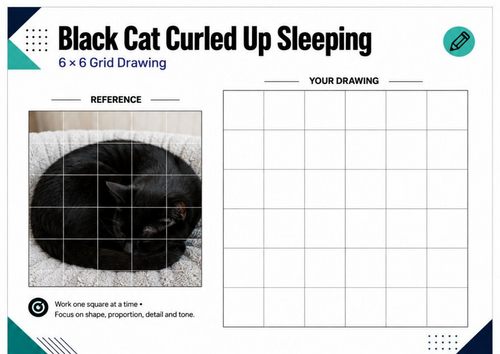 Sleeping Black Cat Grid Drawing Worksheet | KS3 Animal Drawing