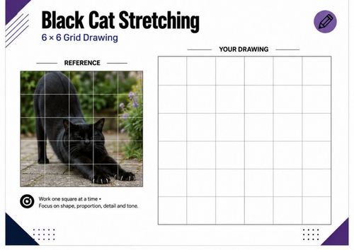Black Cat Stretching Grid Drawing Worksheet | Animal Art Activity