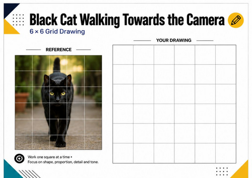 Black Cat Walking Towards Camera Grid Drawing Worksheet | KS3 Art