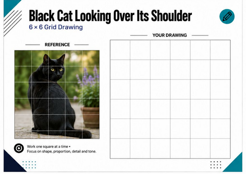 Black Cat Looking Over Its Shoulder Grid Drawing Worksheet | KS3 Art