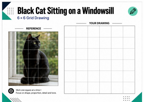 Black Cat on a Windowsill Grid Drawing Worksheet | KS3 & KS4 Art