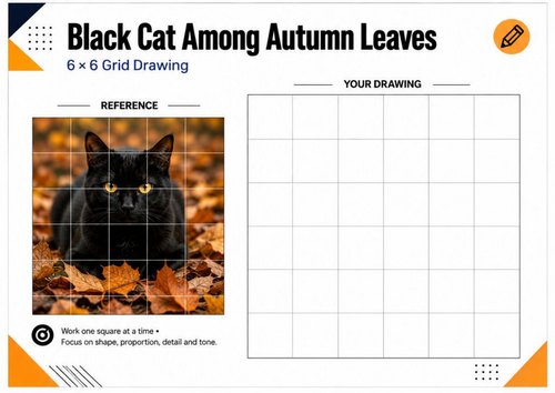 Black Cat in Autumn Leaves Grid Drawing Worksheet | Autumn Art Activity