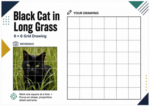 Black Cat in Long Grass Grid Drawing Worksheet | Animal Art Activity
