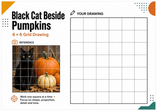 Black Cat and Pumpkins Grid Drawing Worksheet | Halloween Art Activity