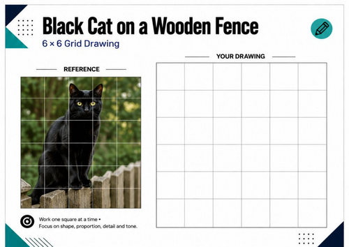 Black Cat on a Wooden Fence Grid Drawing Worksheet | KS3 Art