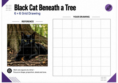 Black Cat Beneath a Tree Grid Drawing Worksheet | Animal Drawing Activity