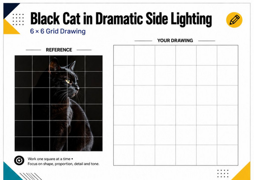 Black Cat Dramatic Lighting Grid Drawing Worksheet | Tonal Art Activity