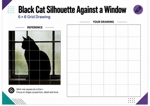 Black Cat Silhouette Grid Drawing Worksheet | Light & Shadow Art Activity