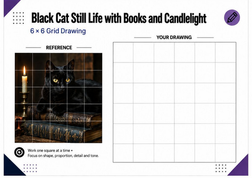 Black Cat with Books & Candlelight Grid Drawing Worksheet | Gothic Art Activity