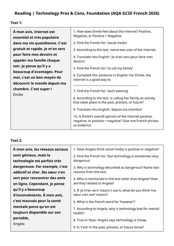 AQA GCSE 2026: Pros Cons Reading | Technology (French Foundation)