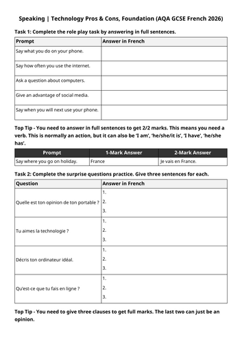 AQA GCSE 2026: Pros Cons Tech | Speaking Exam (French Foundation)