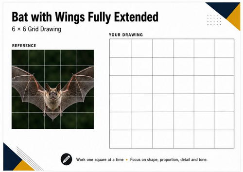 Bat with Wings Fully Extended Grid Drawing Worksheet | Halloween Art