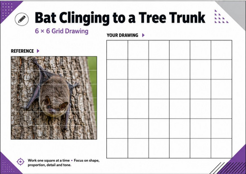 Bat Clinging to a Tree Grid Drawing Worksheet | Animal Art Activity