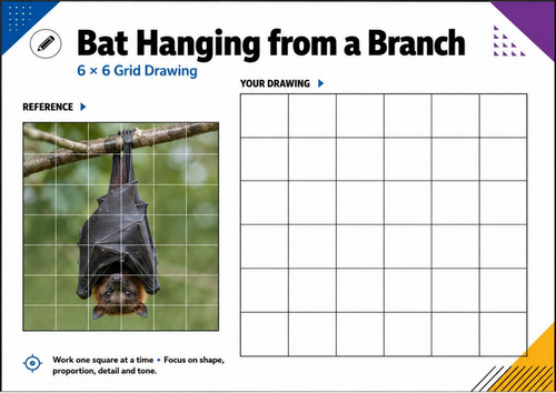 Bat Hanging from a Branch Grid Drawing Worksheet | KS3 KS4 Art