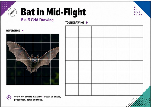 Bat in Mid-Flight Grid Drawing Worksheet | Halloween Art Activity