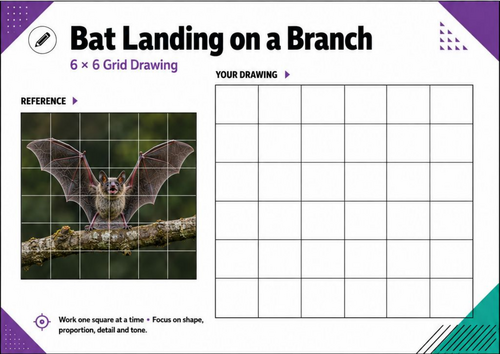 Bat Landing on a Branch Grid Drawing Worksheet | Halloween KS3 Art