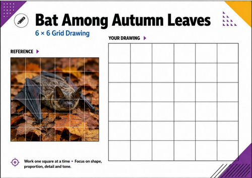 Bat Among Autumn Leaves Grid Drawing Worksheet | Autumn Halloween Art