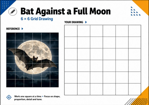 Bat and Full Moon Grid Drawing Worksheet | Halloween Art KS3 KS4