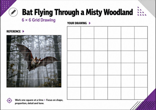 Bat in Misty Woodland Grid Drawing Worksheet | Gothic Halloween Art