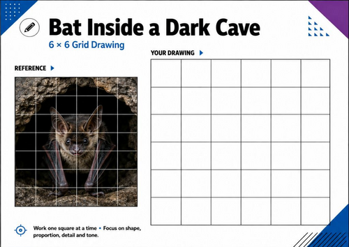 Bat in a Dark Cave Grid Drawing Worksheet | Halloween Art Activity