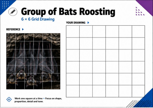 Group of Bats Roosting Grid Drawing Worksheet | Halloween Art KS3